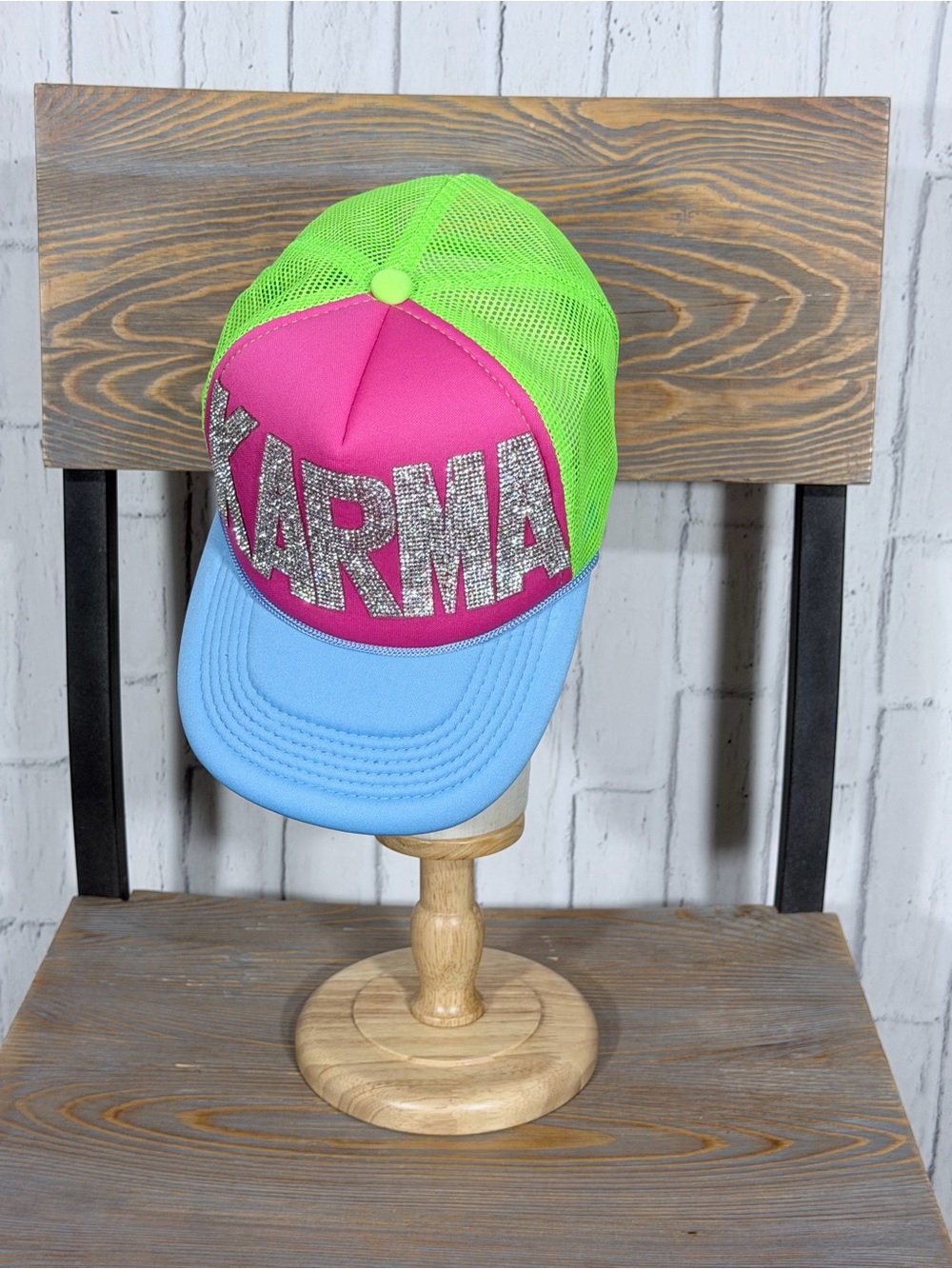 💖 KARMA Rhinestone Trucker Hat Neon Pink Green Blue Y2K Boutique